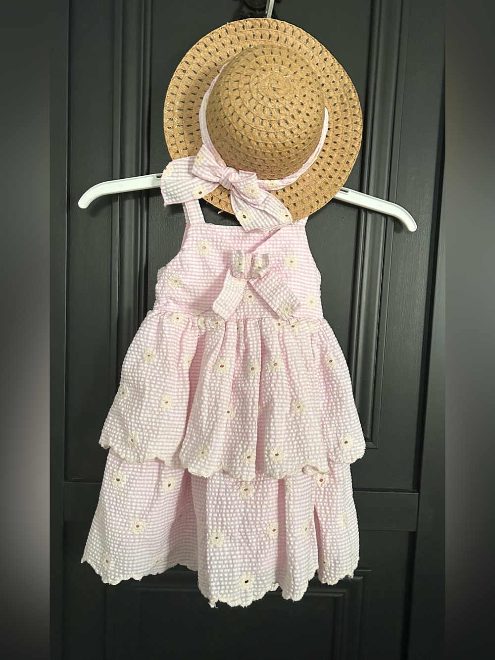Little girls Pink Tiered Seersucker Girls' Dress with Daisy Details